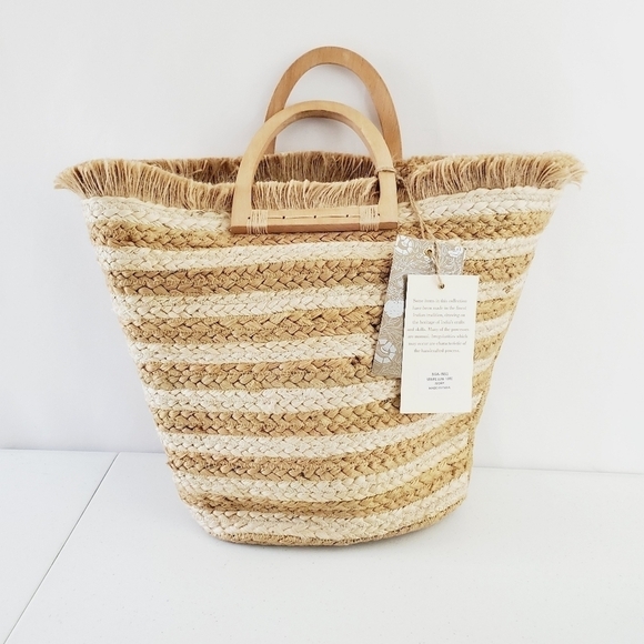 Antik Kraft Striped Jute Tote Ivory Large Beach Coastal Wood Handle Bag NEW - Picture 14 of 14